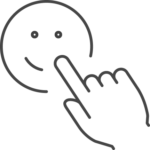 line drawing of a finger pressing a smiley face button