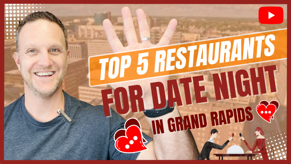 A visually appealing collage showcasing the top 5 restaurants for a romantic date night in Grand Rapids. The image features elegant dining settings, delectable dishes, and warm ambiance that sets the perfect atmosphere for a memorable evening